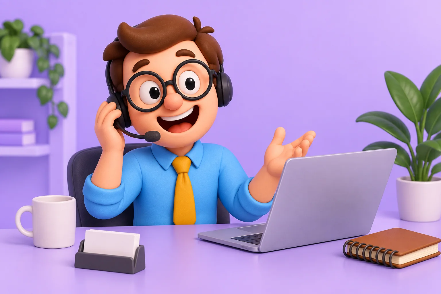 El becario comercial conversa con auriculares junto a su portátil.
