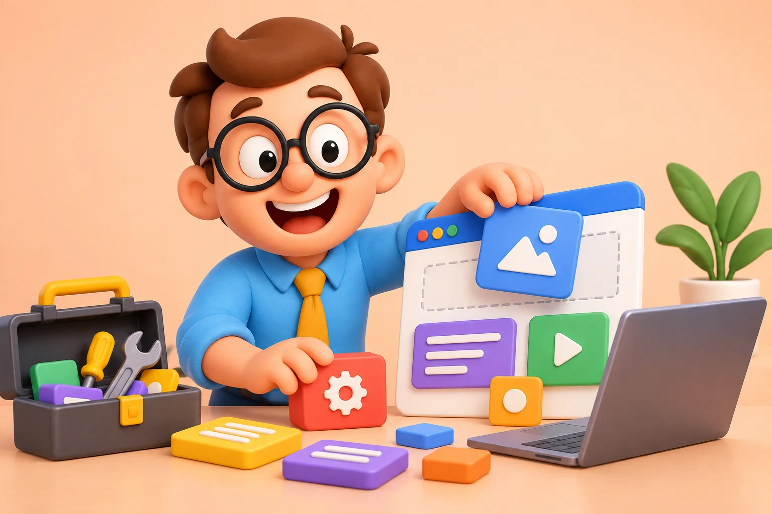 El becario constructor monta una interfaz con bloques y herramientas.