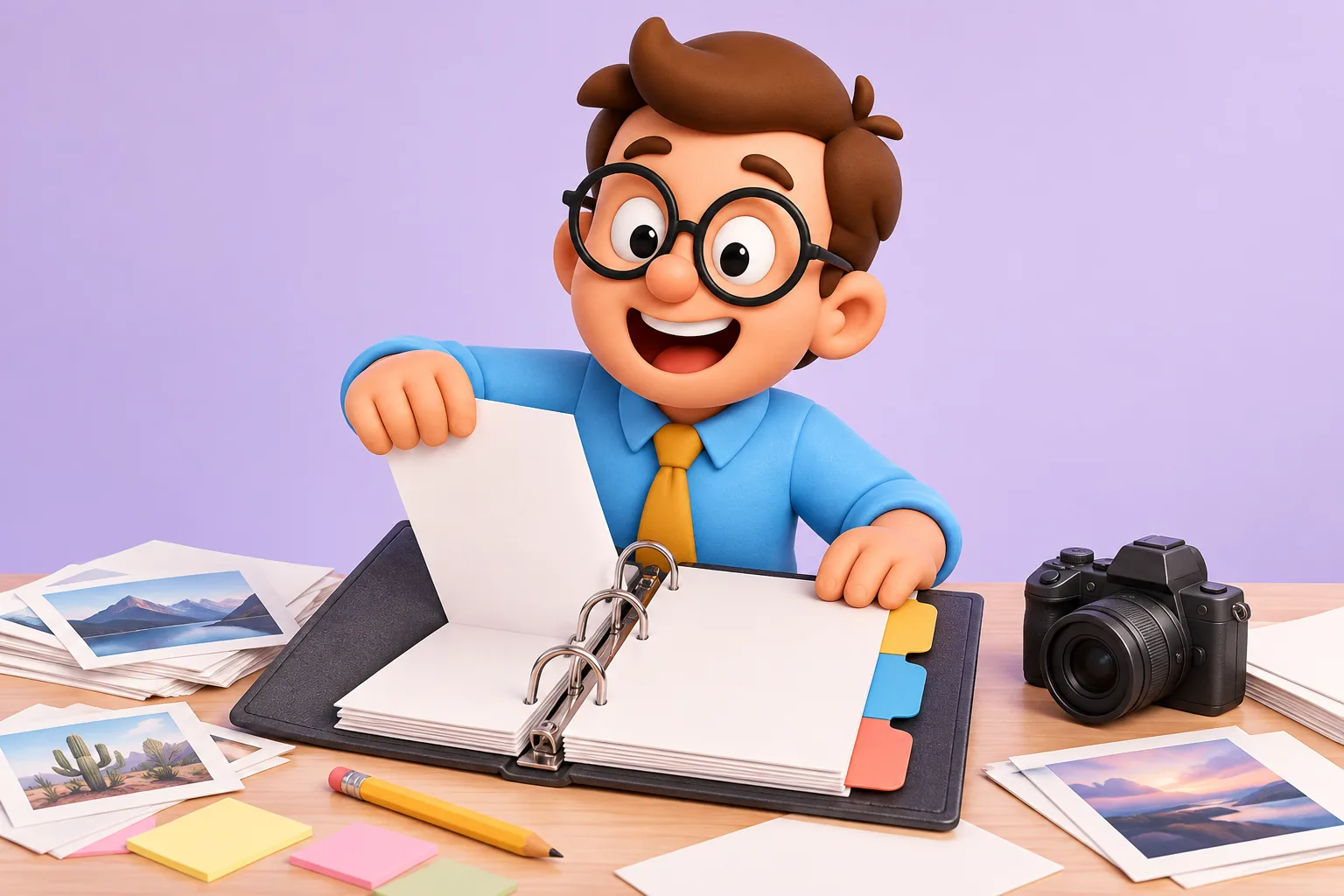 Tu Becario reúne notas de un encargo fotográfico en una carpeta de propuesta con separadores.