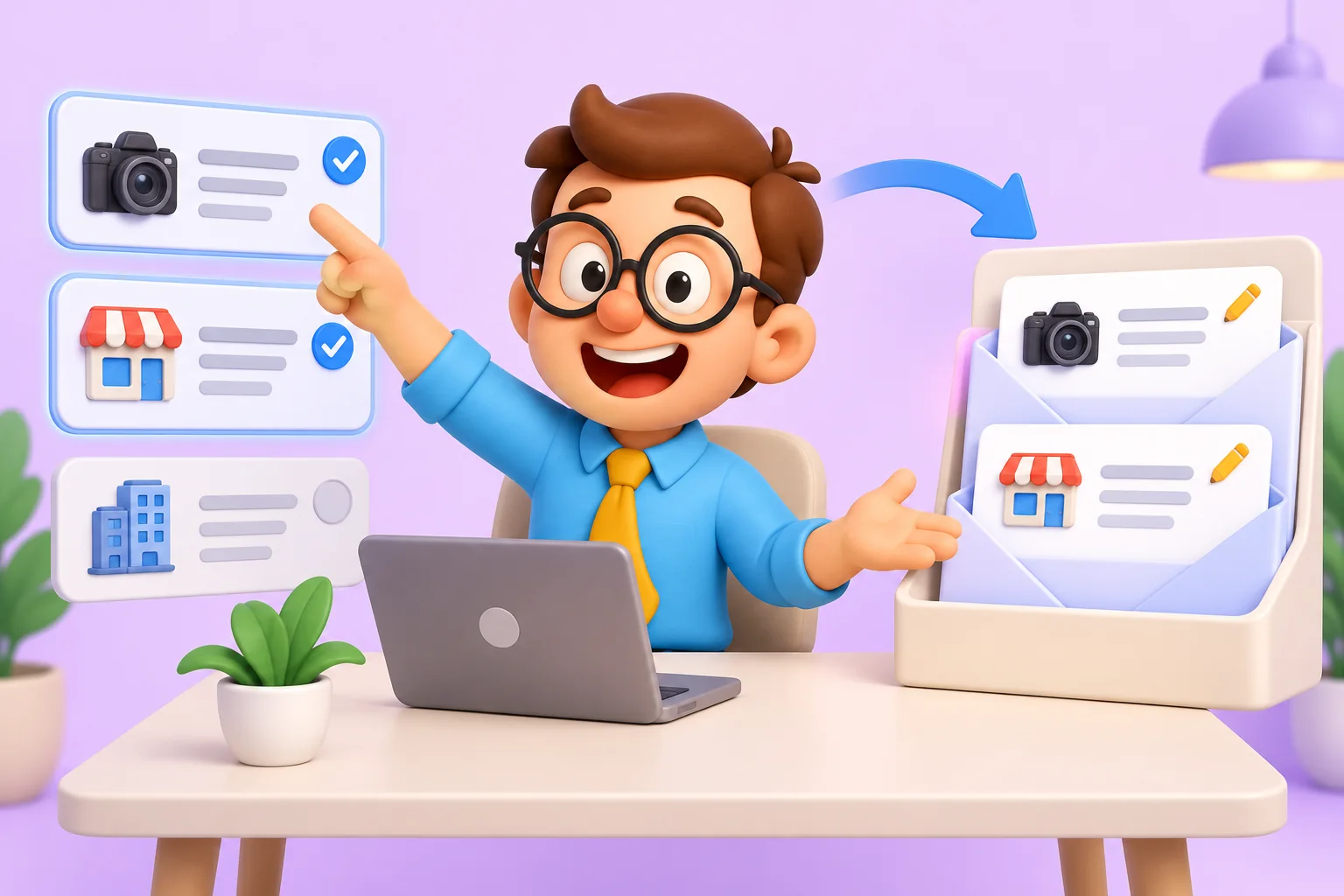 Tu Becario selecciona fichas de empresas cualificadas y las convierte en dos propuestas de correo personalizadas junto a su portátil.
