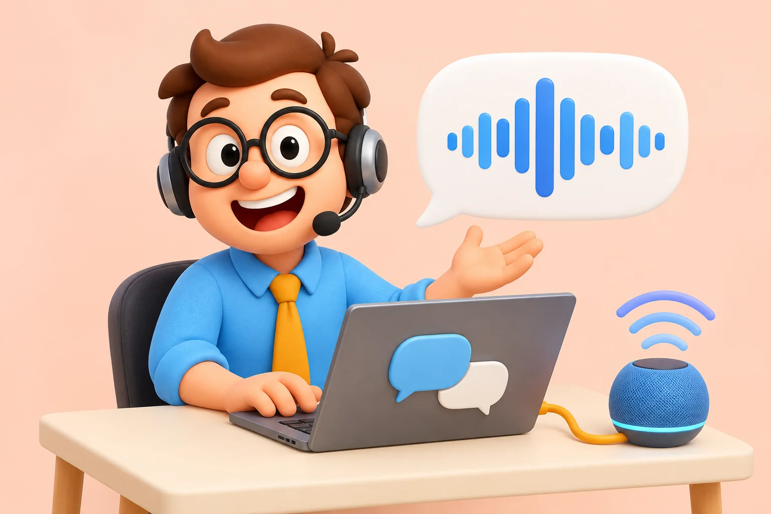 Tu Becario prueba un agente de voz con auriculares, un portátil conectado a un altavoz y una burbuja con ondas de audio sobre fondo melocotón.