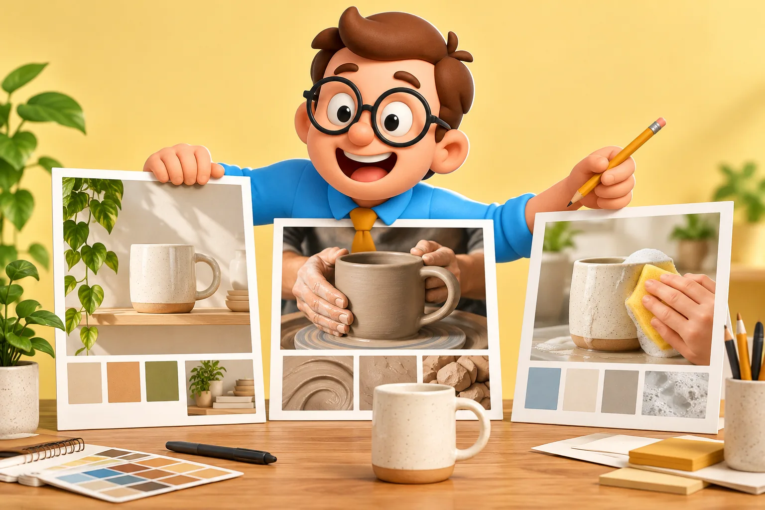 Tu Becario compara tres paneles de anuncios de una taza: uso en casa, elaboración y cuidado.